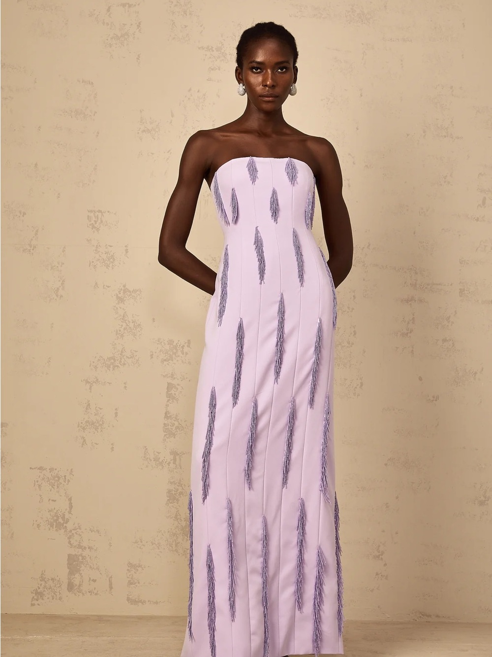 Miss Rosier Émilie Purple Beaded Fringed Detail Maxi Dress